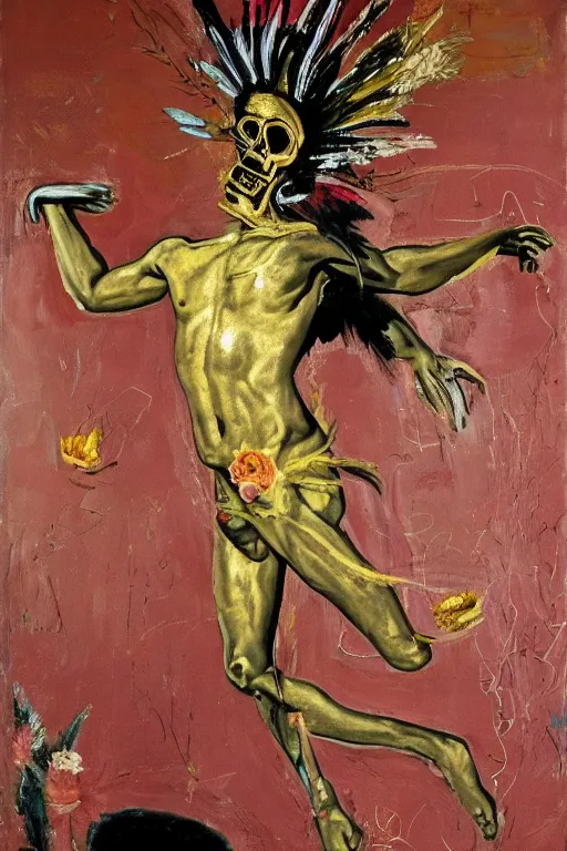 Image similar to Jean-Michel Basquiat as a full-body golden baroque statue of Icarus in the posing like a bird for flight, crown of peach roses, flowing pink-colored silk, fabric, flowers. baroque elements, human skull. full-length view. baroque element. intricate artwork by caravaggio. many many birds birds on background. Trending on artstation. halo. octane render, cinematic, hyper realism, octane render, 8k, depth of field, 3D