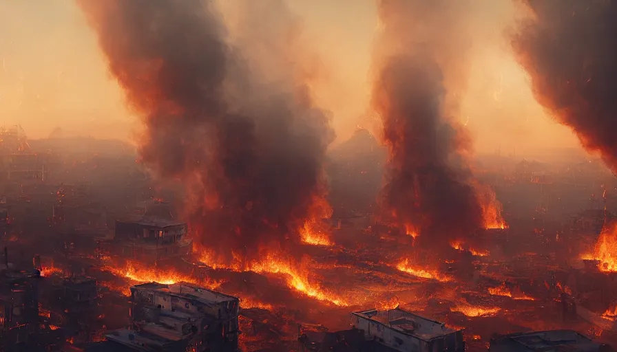 Image similar to Smoke columns all over a burning town, hyperdetailed, artstation, cgsociety, 8k