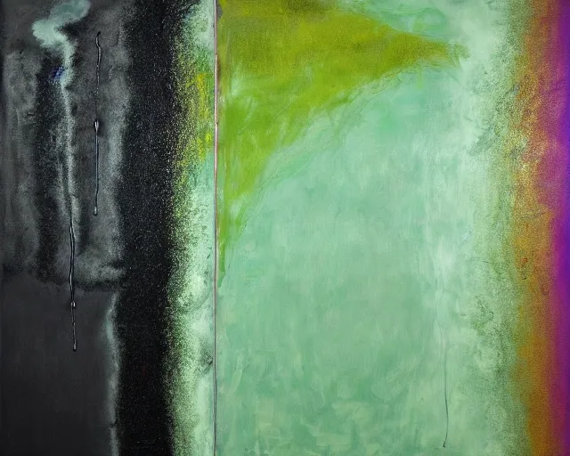 Prompt: abstract painting in black, dark green, purple, painted by Pat Steir, Julian Schnabel, Helene Frankenthaler, abstract painting. 8k, dripping paint, paint spill, extreme detail, intricate detail, masterpiece, unreal engine,