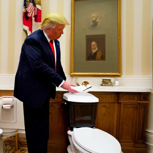 Prompt: donald trump putting peices of paper into an open toilet in the white house bathroom, 8 k photo