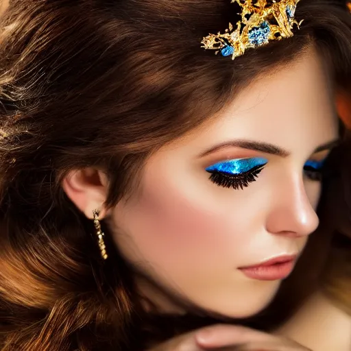 Prompt: a photographic masterpiece portrait of an fantasy beautiful 30 years old princess, with emotional open eyes, with a deep blue sapphire and gold small diadem, seductive eyes, warmer and softer colours, more tan face, lighter brown hair, cinematic light, bokeh, by Danny Battista, canon 50mm, high aperture, artstation