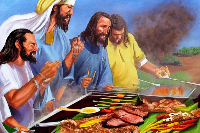 Image similar to painting of Australian Jesus cooking at BBQ, by Reg Mombasa