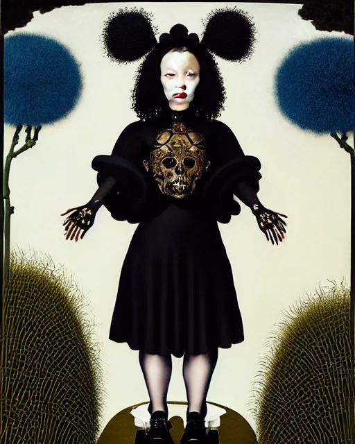 Image similar to symmetrical portrait of a woman with blue frizzy hair, wearing a black dress by alexander mcqueen and metallic platform shoes, standing in a botanical garden, cream white background, bjork aesthetic, masterpiece, in the style of rogier van der weyden and jacopo da pontormo, by mark ryden, punk, asian art