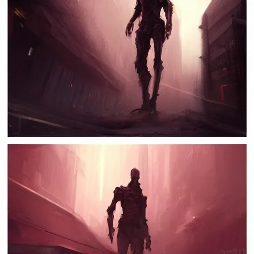 Image similar to concept art by greg rutkowski, a very tall and slender young man, fleeing through a brutalist environment from a horrible creature made of twisted flesh, futuristic environment, reddish lighting, frightening and creepy atmosphere, scifi, highly detailed portrait, digital painting, artstation, concept art, smooth, sharp foccus ilustration, artstation hq