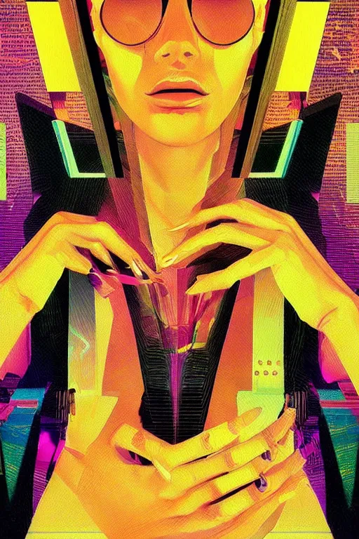 Prompt: portrait, digital painting, an beautiful, crazy hacker girl, lost in code, synthwave, glitch!!, fractured reality, realistic, hyperdetailed, golden hour, concept art, art by syd mead, cubism