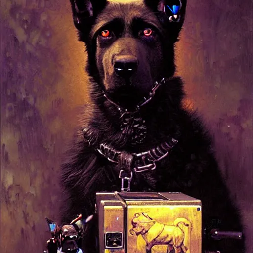 Image similar to a portrait of a black german shepard dogman canine neuromancer with human eyes furious angry holding computer console. shadowrun cyberpunk fantasy d & d highly detailed painting by gaston bussiere craig mullins jc leyendecker gustav klimt artgerm greg rutkowski