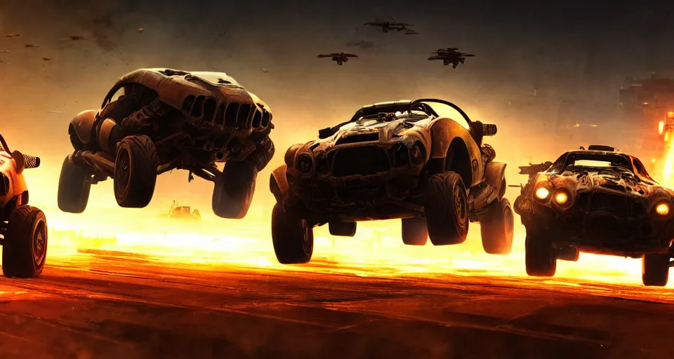 Prompt: macro closeup photo of halo warthogs being chased in a post apocalyptic city, night, smoke, dust, embers, mad max, action, speed, rocket league, volumetric lighting, hdr, need for speed, gta 5, ridley scott, syd mead, craig mullins, cinematic, octane