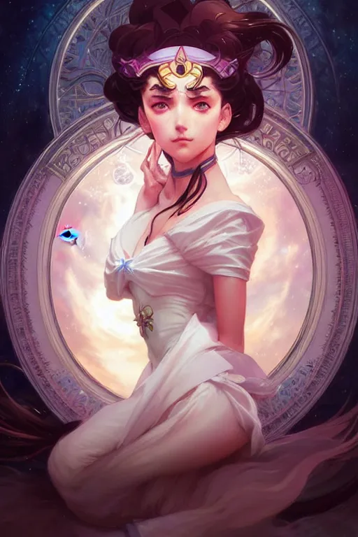 Image similar to Sailor Moon, fantasy, intricate, elegant, highly detailed, digital painting, artstation, concept art, matte, sharp focus, illustration, art by Artgerm and Greg Rutkowski and Alphonse Mucha