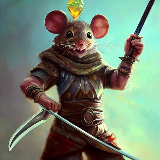 Image similar to mouse sword warrior grabs floating crystal, trending on Artstation, award winning, Oil Painting, 8k scan