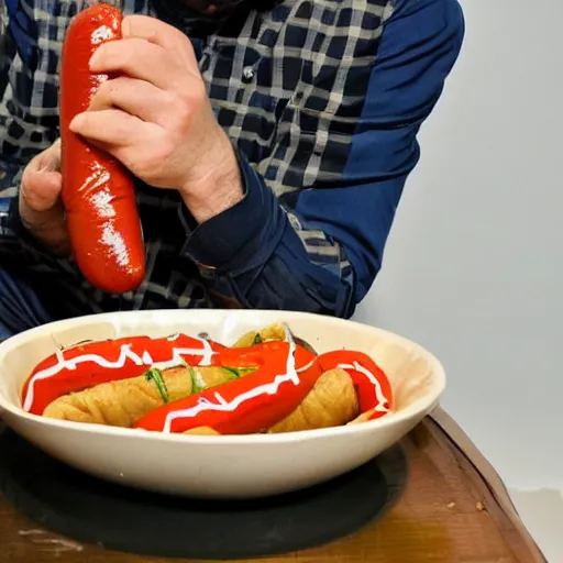 Prompt: Tim Robinson eating a hotdog bowl, like a burrito bowl but with little bits of chopped up hotdog in it