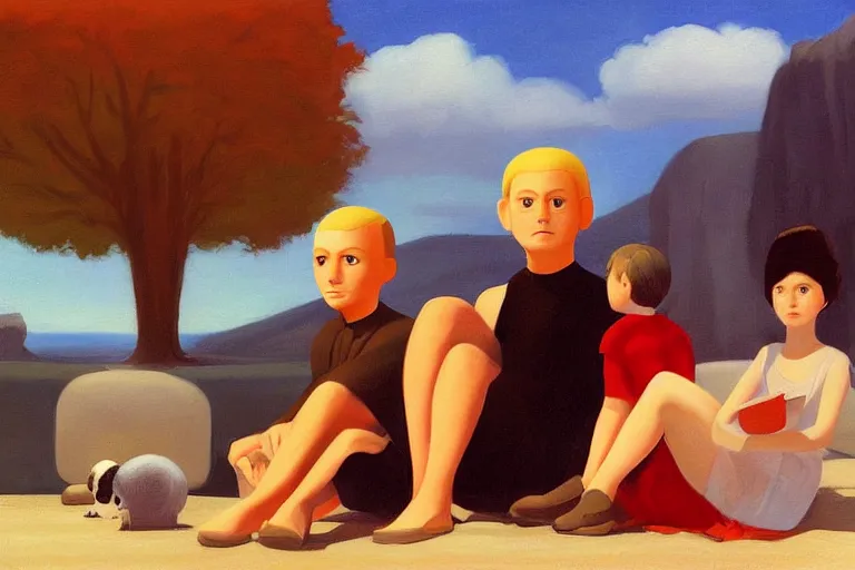 Prompt: beautiful painting of friends, beautiful faces, sitting on the edge, cute, soft light, digital painting by diane arbus and ralph mcquarrie and casson a. j.