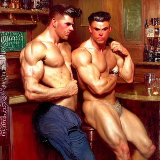 Image similar to attractive muscular male with red hair and muscular attractive male with black hair, drinking their hearts out, in a pub. very defined and highly detailed painting by j. c. leyendecker, gaston bussiere, craig mullins 8 k