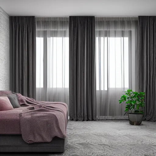 Image similar to insanley detailed 3d render, fog, wide angle, athmosperic, large award winning interior design apartment, dusk, cozy and calm, fabrics and textiles, colorful accents, secluded, many light sources, lamps, hardwood floors, book shelf, couch, desk, balcony door, plants