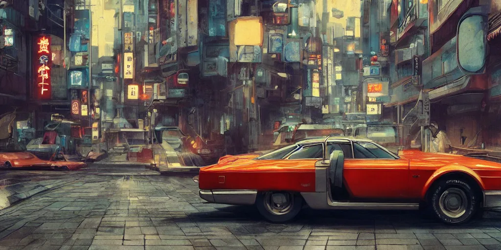 Image similar to retro car in a japanese city, 4 k, greg rutkowski, highly detailed, retrofuturistic, artstation