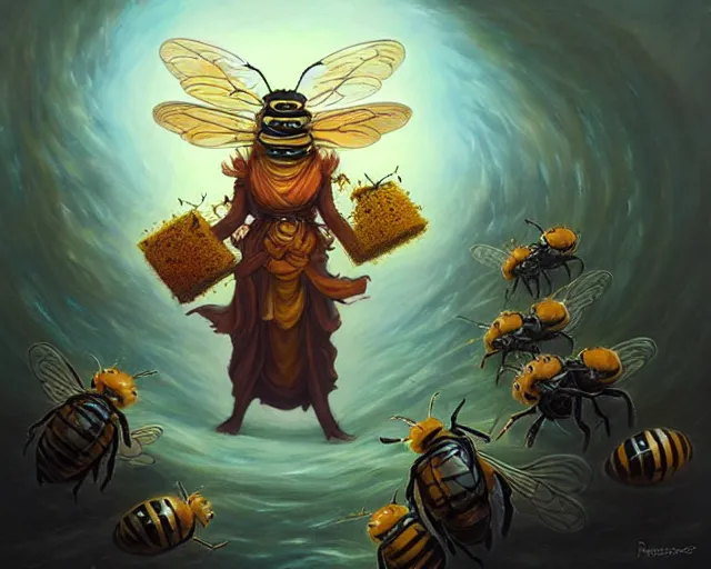 Prompt: Beekeeper warrior summoning an army of bees to descend on their foes, peter mohrbacher, anato finnstark, artgerm