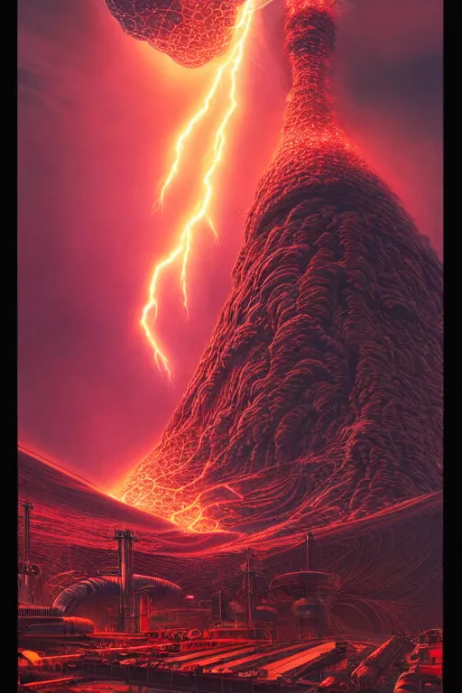 Image similar to a hyper - detailed 3 d render by kilian eng and toshi yoshida and franklin booth showing a futuristic powerstation!! in front of a ( ( exploding volcano ) ), vintage scifi, high details, dramatic lightning,, 8 k