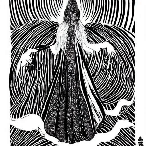 Prompt: black and white pen and ink!!!!!!! Suprani!!!!! wizard beautiful long hair Anya Taylor-Joy wearing High Royal flower print robes flaming!!!! final form flowing ritual royal!!! Contemplative stance Vagabond!!!!!!!! floating magic witch!!!! glides through a beautiful!!!!!!! Camellia!!!! Tsubaki!!! death-flower!!!! battlefield behind!!!! dramatic esoteric!!!!!! Long hair flowing dancing illustrated in high detail!!!!!!!! by Hiroya Oku!!!!!!!!! graphic novel published on 2049 award winning!!!! full body portrait!!!!! action exposition manga panel black and white Shonen Jump issue by David Lynch eraserhead and beautiful line art Hirohiko Araki!! Frank Miller, Kentaro Miura!, Jojo's Bizzare Adventure!!!! 3 sequential art golden ratio technical perspective panels horizontal per page