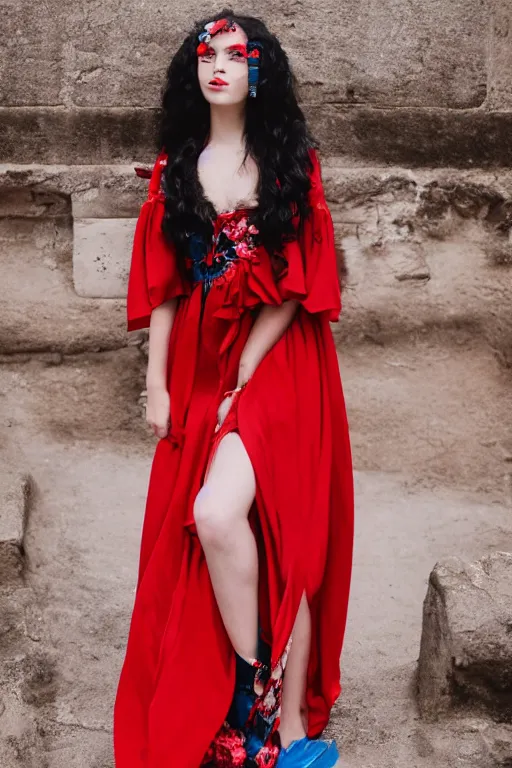 Image similar to Portrait of a girl in a long red gown with floral print black hair and blue eyes standing in an ancient city. Photography, Nikon, Cannon, Cinematic colour grading, 35mm, f/1.4