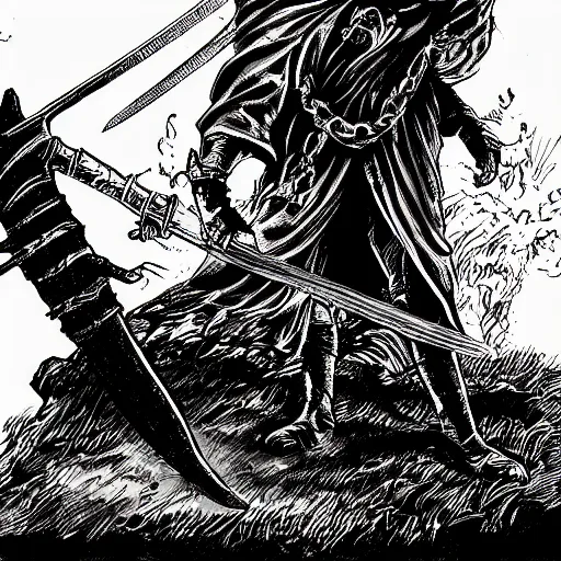 Image similar to A sword stuck in the ground, as a makeshift grave. Close Up Shot, Dark Fantasy, Film Noir, Black and White. High Contrast, Mike Mignola, D&D, OSR