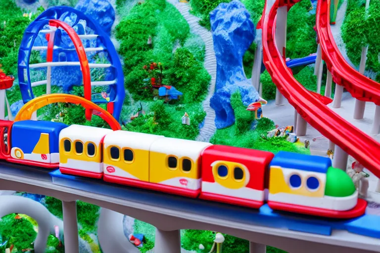 Image similar to fisher price monorail through theme park in albania, in 2 0 1 5, perfect focus, scene from tv show hyper detailed 5 5 mm 8 5 mm, toy photography, made out of plastic