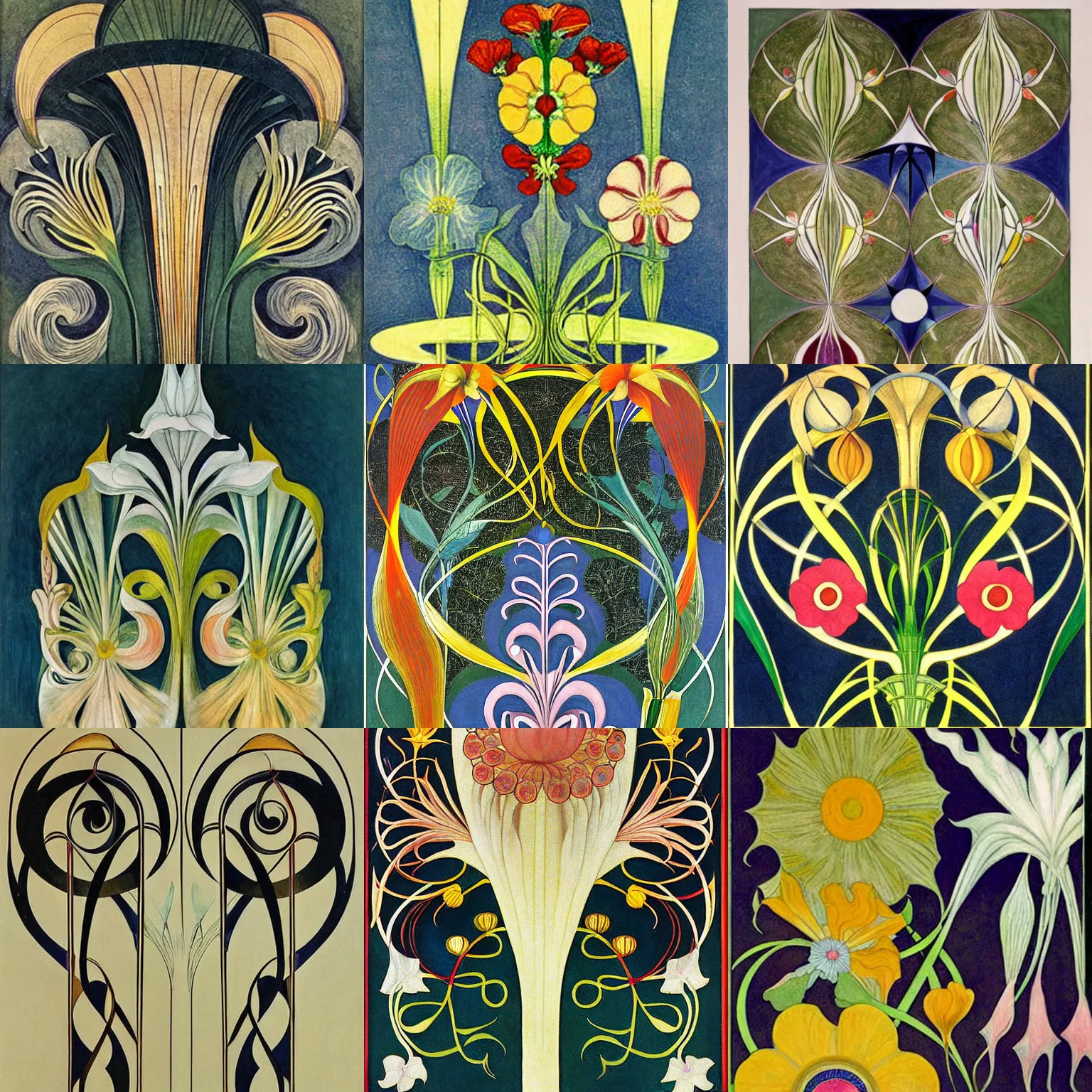 Prompt: flower ( ( art deco ) ) ( ( art nouveau ) ) by ( hilma af klint ) and escher and ( botticelli )