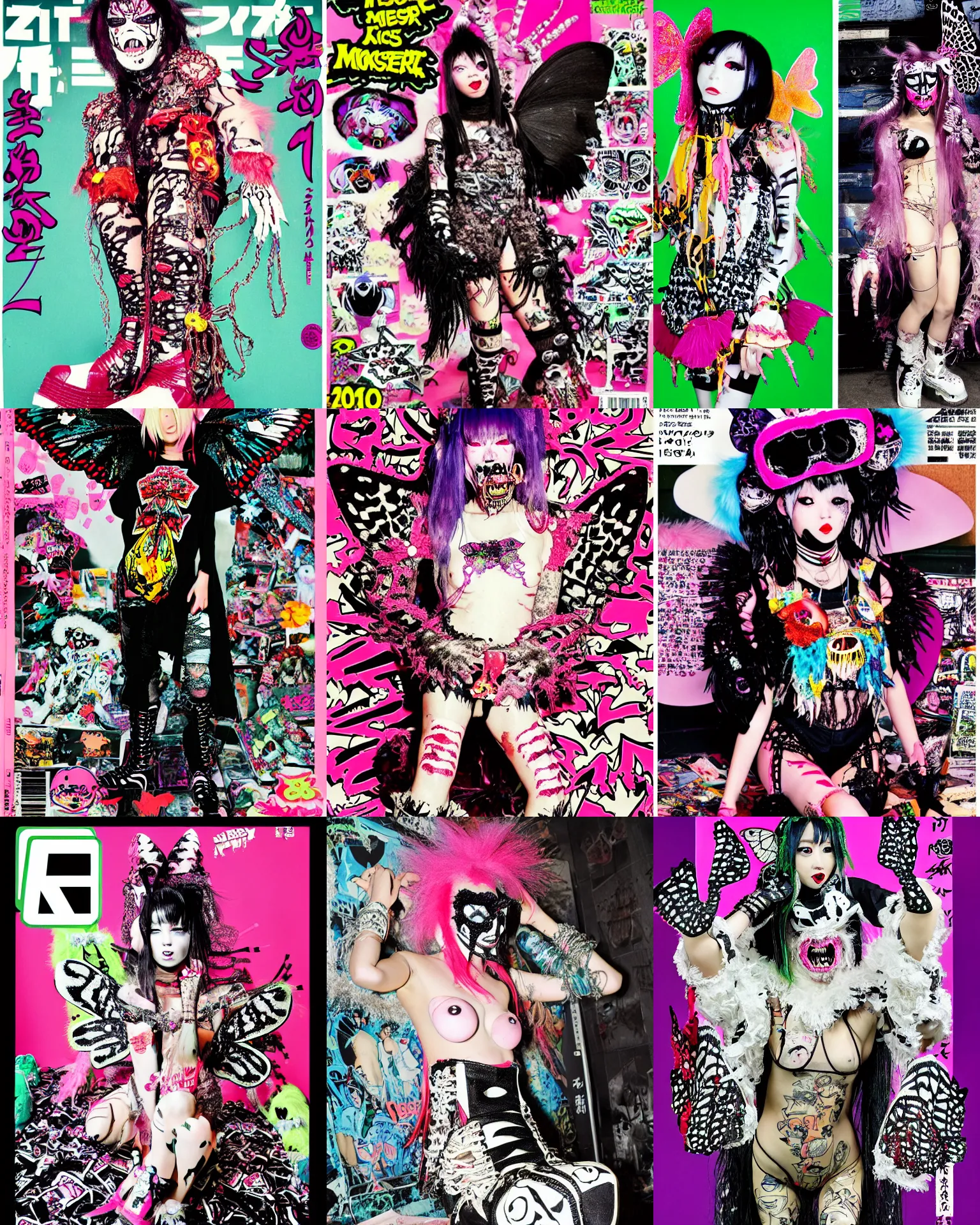 Prompt: photo of lace monster butterfly wearing ripped up dirty Swear kiss monster teeth yeti platform boots in the style of 1990's FRUiTS magazine by Shoichi Aoki in the style of 20471120 by Christopher Nemeth in japan and in the style Rammellzee in the style of Ai Yazawa's Nana fashion by CyberDog by Insane Clown Posse and emo scene style by Ryan Trecartin in the style of Dorian Electra by Rick Owens by Jun Takahashi in a dirty dark dark dark poorly lit bedroom full of trash and garbage server racks and cables everywhere in the style of Juergen Teller in the style of Shoichi Aoki, japanese street fashion, KEROUAC magazine, Walter Van Beirendonck W&LT 1990's, Milk Bar Magazine, Vivienne Westwood, y2K aesthetic