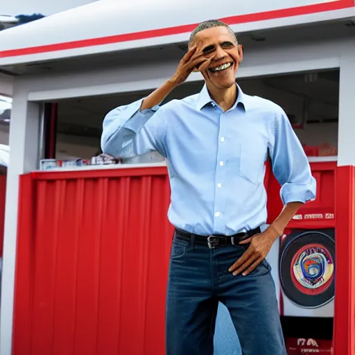 Image similar to barack obama at a gas station, with a fade haircut, wearing ripped jeans, photograph, 4 k