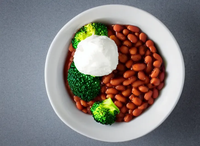 Prompt: food photo still of frozen yogurt topped with baked beans and broccoli, 8 5 mm f 1. 8 studio lighting