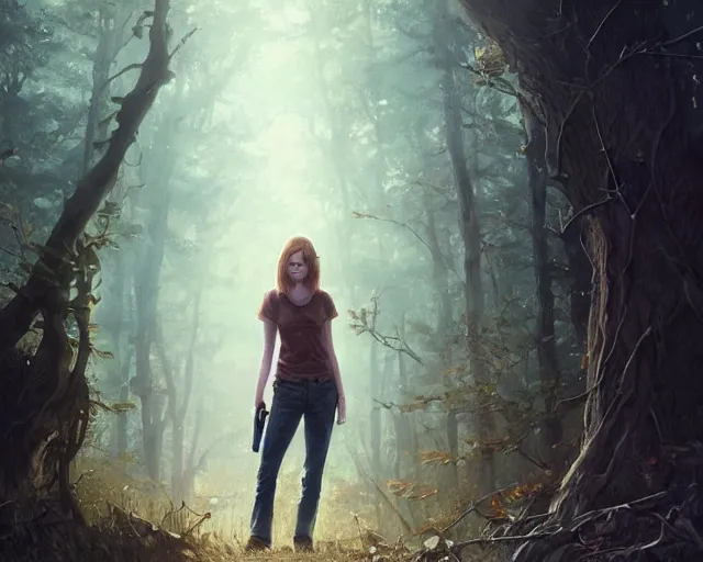 Image similar to highly detailed portrait of emma stone, in the walking dead, stephen bliss, unreal engine, fantasy art by greg rutkowski, loish, rhads, ferdinand knab, makoto shinkai and lois van baarle, ilya kuvshinov, rossdraws, tom bagshaw, global illumination, radiant light, detailed and intricate environment