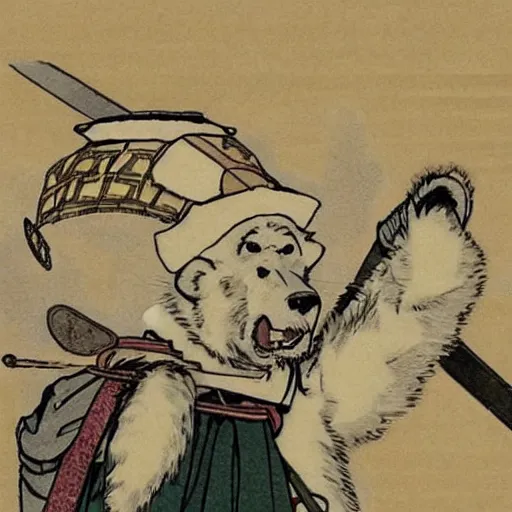 Image similar to polar bears dressed as Japanese ronin in feudal Japan, anime style