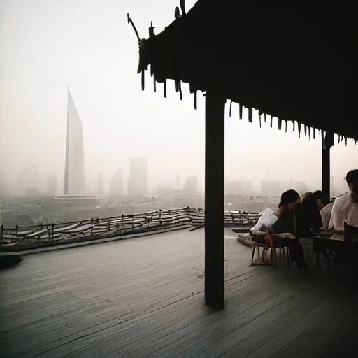 Image similar to a small rooftop with a couple of people sitting and watching the view, wearing black modern clothes, designed by rick owens, messy short hair, modern shanghai bund in smog is on the background, sunset, pale colors, by gregory crewdson