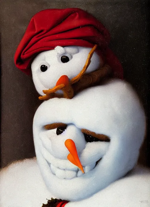 Prompt: a masterwork portrait of olaf the snowman from frozen in the style of a renaissance painting, insane detail, chiaroscuro oil painting, jan matejko, caravaggio, jan van eyck, trending on artstation, artgerm