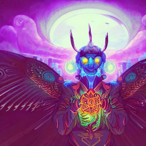 Image similar to 8K headshot Portrait of centered chest up of a psychedelic godlike mothman with giant mandala wings smoking a hand-rolled cigarette smoking heavily , magic mushroom village in background , post-processing , award winning. superb resolution. in the art style of Satoshi Kon and Greg Rutkowski . Detailed Mushroom city in background. Hyper realistic anime. Perfect art. Dalle2