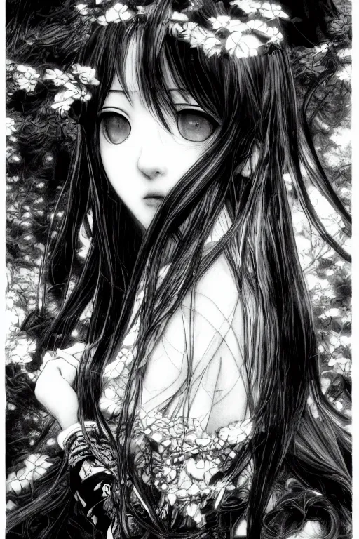 Image similar to a portrait of a character in a scenic environment by Yoshitaka Amano, black and white, dreamy, dark eyes, wavy long black hair, highly detailed