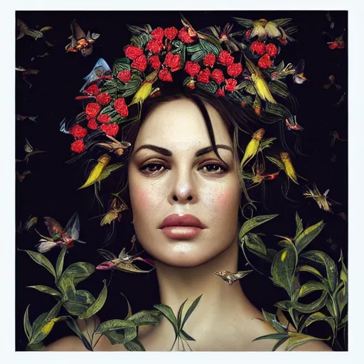 Image similar to head and shoulder portrait of monica belucci surrounded by hummingbirds and fine floral ornaments, eye - level medium - angle shot, intricate, floral background, by esao andrews, by m. w. kaluta, by yoshita amano, moody evening lightingnatural lighting, smooth, 3 d octane render, depth perception, 4 k,, artstation