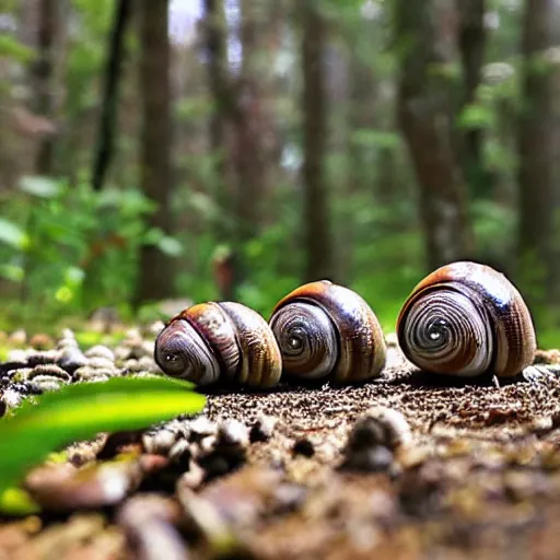 Image similar to a group of snails protesting in the forest. photograph, hyper-realistic