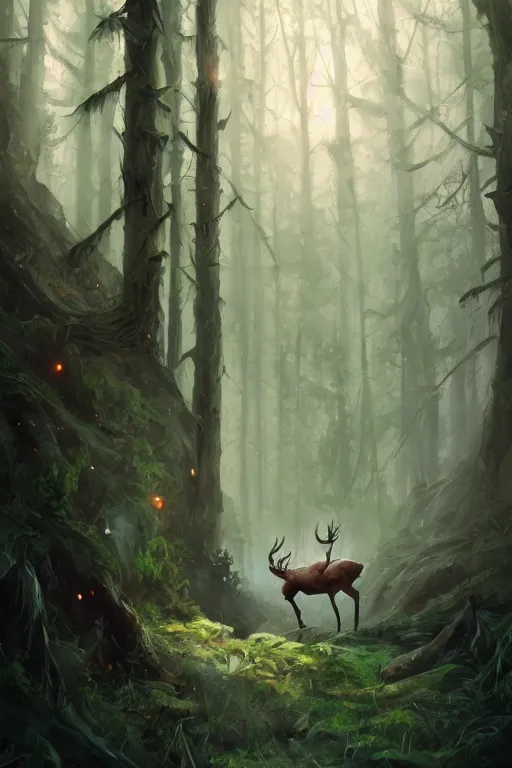 Image similar to Magical White Stag, lush evergreen forest, vivid colors, night scene, 4K, character concept art, oil painting, digital painting, painterly, cinematic lighting, rule of thirds, trending in artstation, cgsociety, by anato finnstark, Artgerm, Greg Rutkowski, Joseph Christian Leyendecker