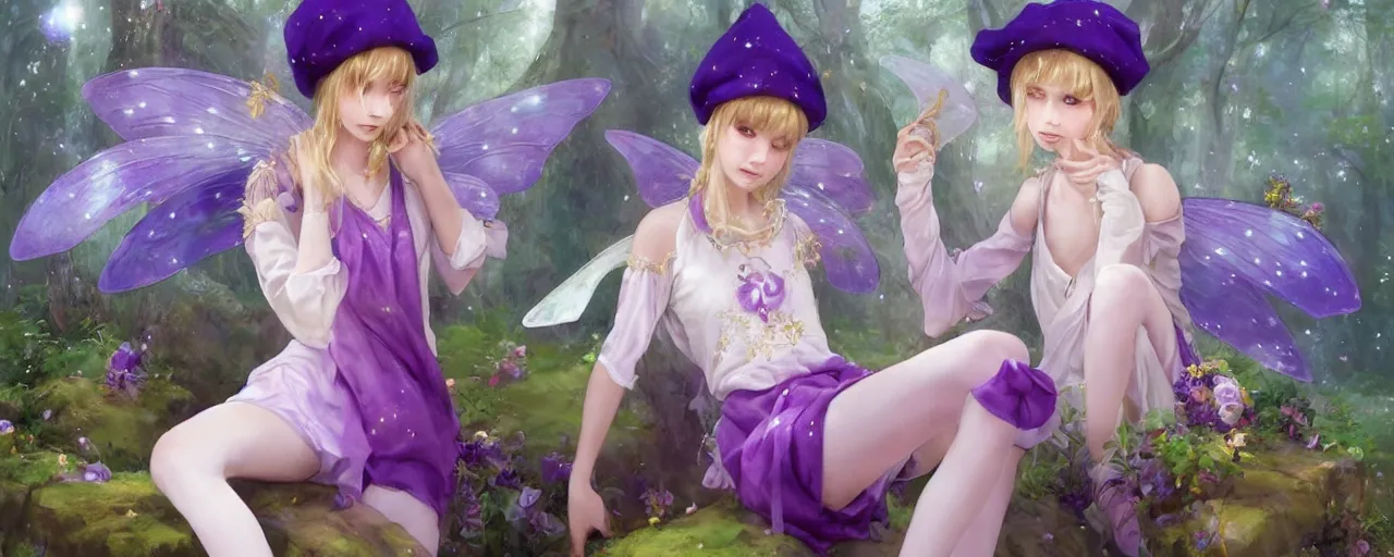 Image similar to Full View of a mysterious fairy maidens with short blond hair wearing an oversized purple Beret, Baggy Purple overall shorts, Short Puffy pants made of silk, silk shoes, a big billowy scarf, Golden Ribbons, white leggings Covered in stars. Short Hair. peasant magic. masterpiece 4k digital illustration by Ruan Jia and Mandy Jurgens and Artgerm and william-adolphe bouguereau, award winning, Artstation, art nouveau aesthetic, Alphonse Mucha background, intricate details, realistic, panoramic view, Hyperdetailed, 8k resolution, intricate art nouveau, smooth, sharp focus