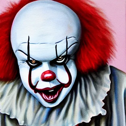 Image similar to Painting of dirty homeless Pennywise in scrappy clothing, by James Earley