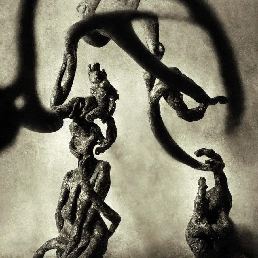 Prompt: extreme harsh lighting antique photograph of biomorphic surreal sculpture of a standing figure of a mourning survivor in an ivory cage, made of black plaster and old circuitry and stained with charcoal, fractal 3 d structure, sculpted by alexander rodchenko and eva hesse, photographed by francesca woodman, tragic grainy shallow depth of field high contrast shocking detail trending on artstation 8 k