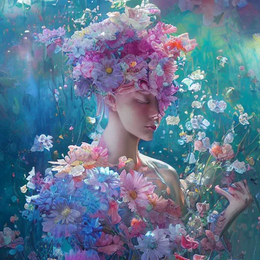 Image similar to a bouquet of ethereal big colorful transparent flowers, direct sunlight, glowing, vivid, detailed painting, by James Jean and Ross Tran, masterpiece, award winning painting