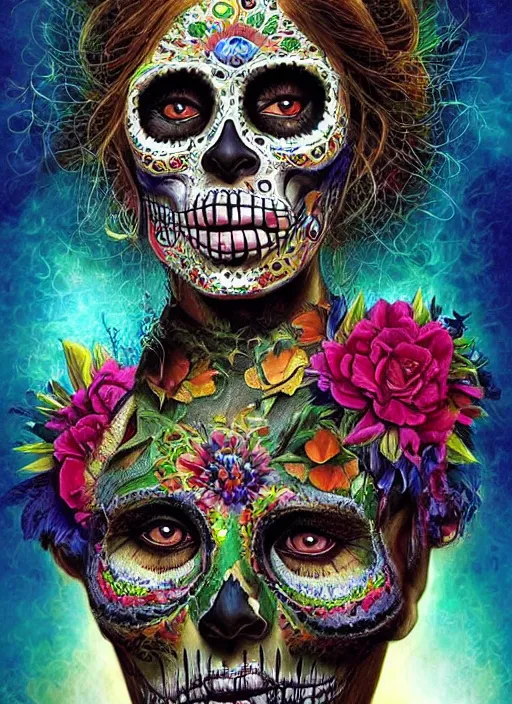 Image similar to dia de los muertos theme surrealist art in the styles of igor morski, jim warren, and loyiso mkize, intricate, hyperrealistic, accurate facial details, profile picture with chromakey!!!!! background, volumetric lighting