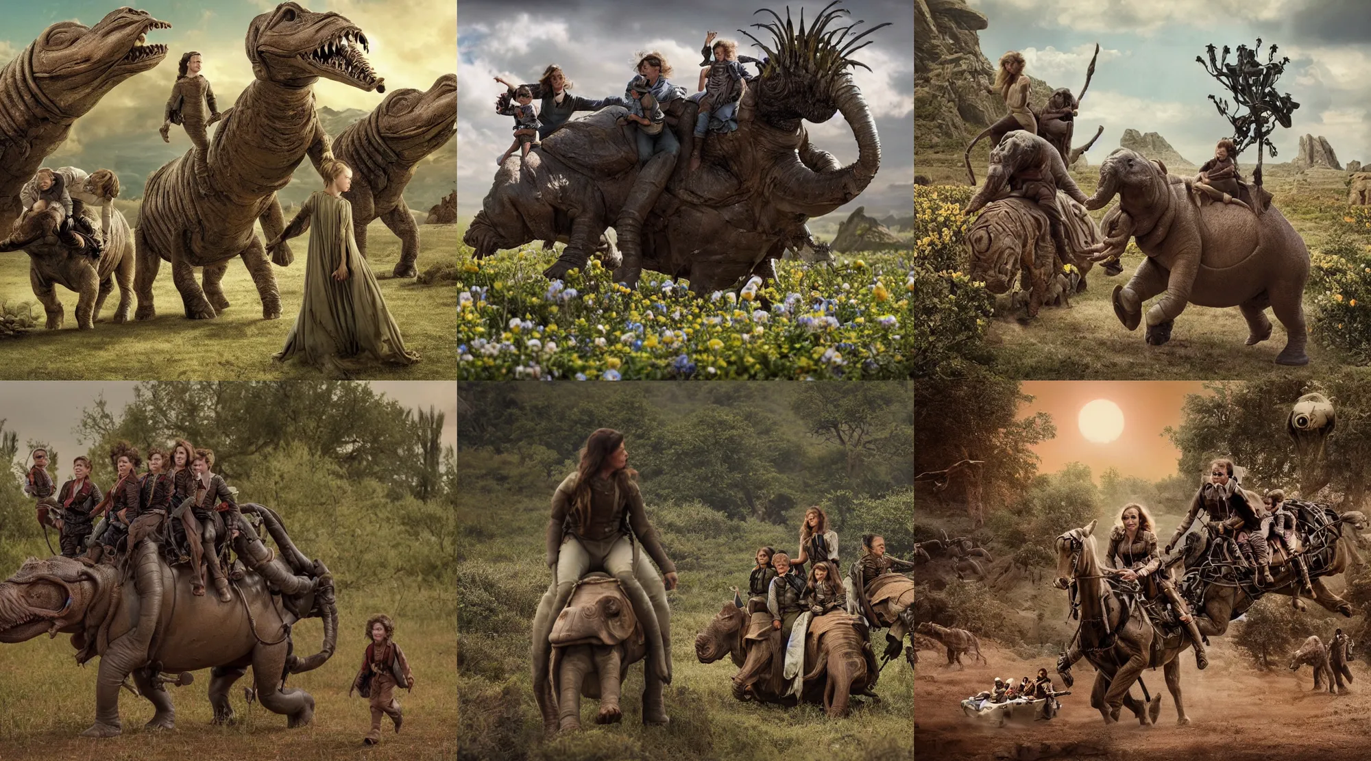Image similar to 70mm still from a sci fi blockbuster movie made in 2022, set in 1860, of a family riding on the back of alien hippos, on an alien planet, across an alien landscape that is full of strange wild alien plants and flowers, the family are wearing 1850s era clothes, cinematic lighting, 8k, in focus faces, good quality lighting, good quality photography, oscar winner