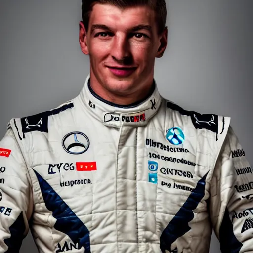 Image similar to a portrait of a mercedes f 1 driver in a white overall with the face of max verstappen, peofessional portrait photography, ambient light