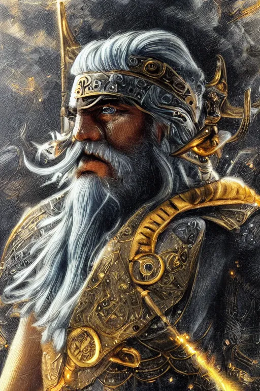 Prompt: mythological odin all father god of thunder and artificial intelligence creating deep learning with gold synapses on an anvil, high resolution, award winning art, trending on art station, sharp image, incredibly detailed, detailed character realistic painting