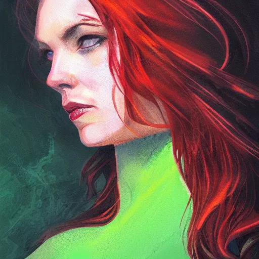 Image similar to jean grey, a half body portrait of jean grey, green eyes, red hair, phoenix, flames, flying, comic, x - men, highly detailed, artstation, symetry, digital painting, vivid colors, realistic shaded perfect face, soft lighting, atmospheric, cinematic, moody, in the style of alex ross, oil on canvas, 8 k