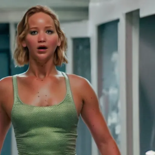 Prompt: still of jacked Jennifer Lawrence in a remake of Pumping Iron (2029)