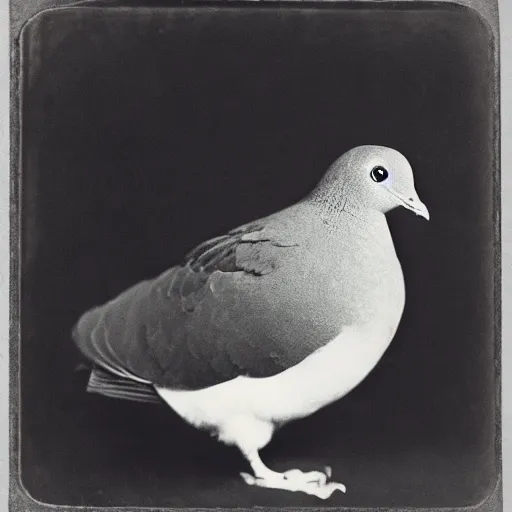 Image similar to Tintype photograph of chonky pigeon as an overweifght subject. 1990s studio lighting.