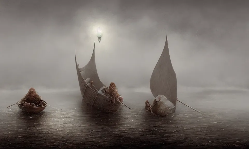 Prompt: a viking ship with a lantern rowing through the fog by lee madgwick