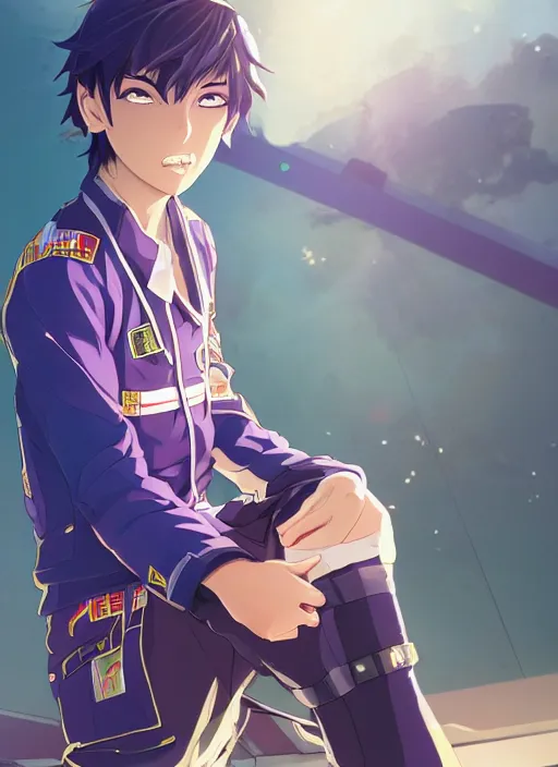 Prompt: teenager boy with straight indigo hair, purple eyes with red eye markers, slim body, wearing a detailed japanese combat clothes, golden details. rich vivid colors, ambient lighting, dynamic lighting, 4 k, official media, anime key visual, makoto shinkai, ilya kuvshinov, lois van baarle, rossdraws, detailed, trending on artstation